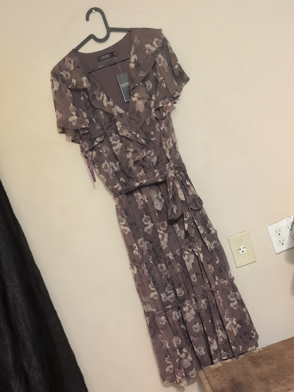 Ralph Lauren Taupe Floral Ruffle Wrap Long Dress